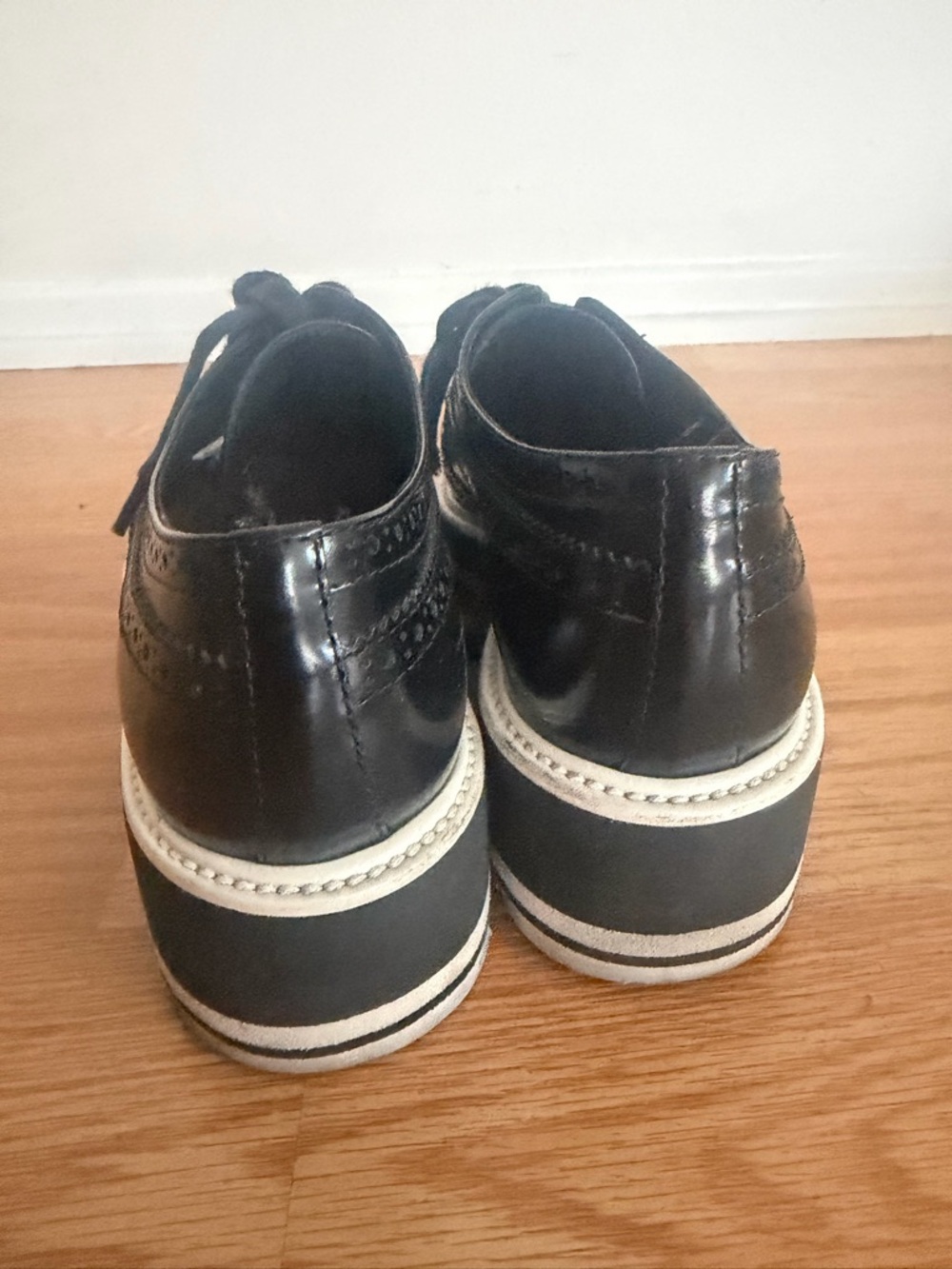 Prada Black Leather Brogue Derby Shoes with White Sole - Picture 3 of 3